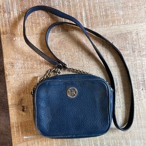 Michael Kors Mini Fulton Blue Pebble Leather Crossbody with Chain/Leather Strap